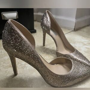 Soft bronze heels with rhinestone embellishments